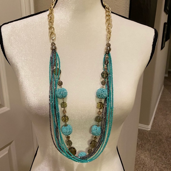 Turquoise and Gold Colored Beaded Necklace - Picture 1 of 9